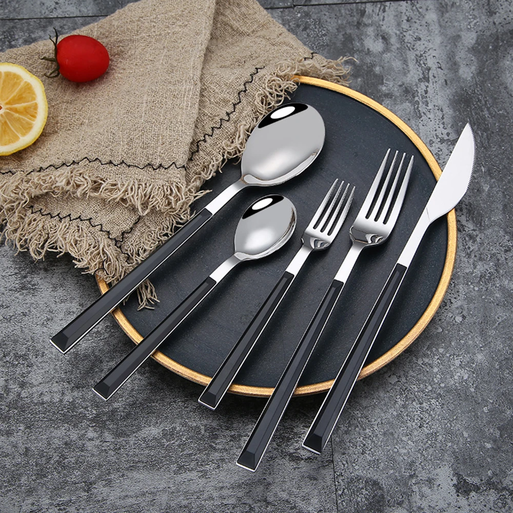 

5pcs/Set Stainless Steel Western Food Korean Imitation Marble Imitation Wooden Handle Dinner Fork And Spoon Set Spoon Tableware