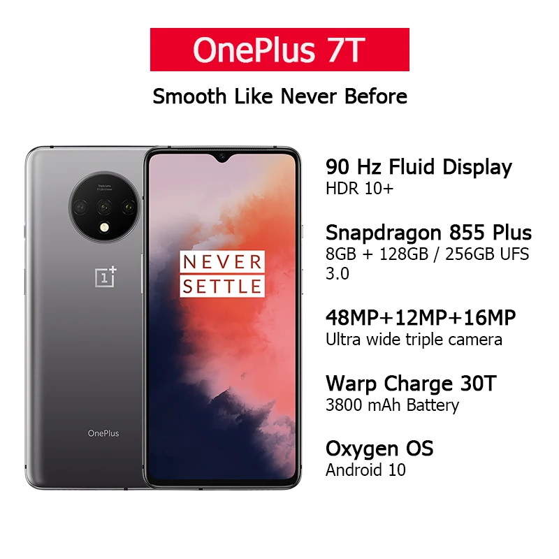 Смартфон OnePlus 7 T с глобальной ПЗУ 8 Гб 128 ГБ Восьмиядерный процессор Snapdragon 855 Plus 90 Гц