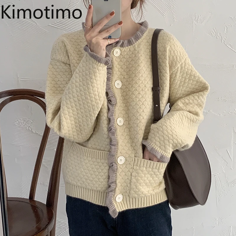 

Kimotimo Women Knit Cardigan Korean Ins Fungus Design Loose Double Pockets Sweater Coat Autumn Winter Lazy Long-sleeved Knit Top