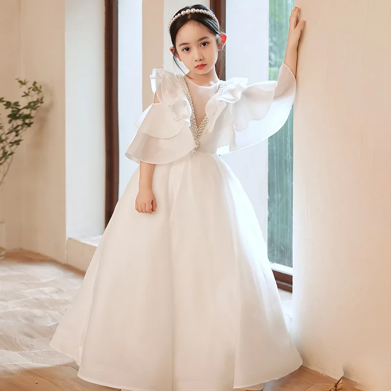 

Платье принцессы с белыми жемчужинами, детское бальное платье для выпускного вечера, детское платье для вечерние ринки и свадьбы, Рождественская одежда