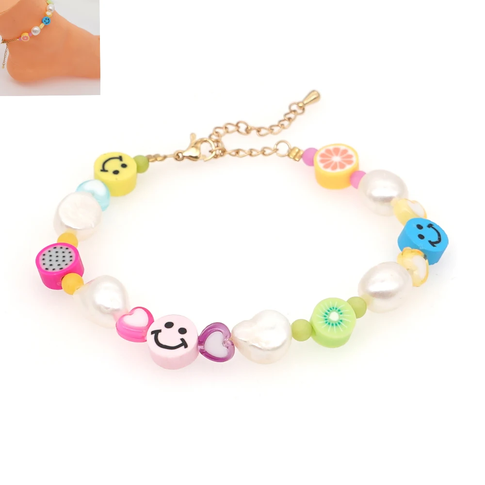 

Real Pearl Bracelet For Women Polymer Clay Random Smiley Fruit Charm Beaded Bracelets Funny Summer Beach Pearls Jewelry