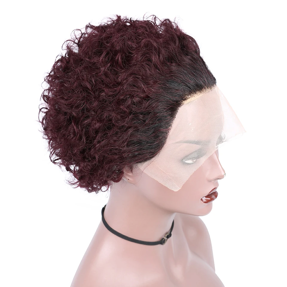 Недорогой парик фея человеческие волосы Омбре 99J Красные Короткие вьющиеся