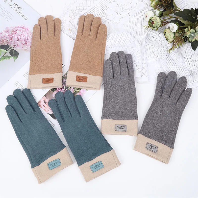 

Winter Warm Cashmere Women Gloves Stitching Color Plush Velvet Touchscreen Female Mittens Small Brand Windproof Gloves