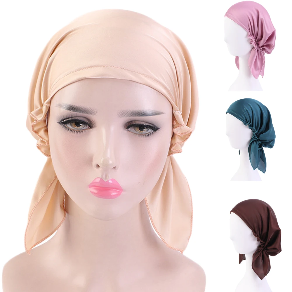 

Muslim Women Satin Bonnet Arab Ruffle Turban Beanies Skullies Hair Loss Cap Chemo Cancer Cap Beanies Skullies Head Wrap Fashion