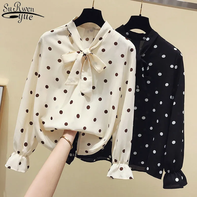 

Shirt Women 2021 Autumn New Loose Retro Flare Long Sleeve Elegant Women's Blouse Bow Collar Lace-up Top Women Blusas Mujer 11180