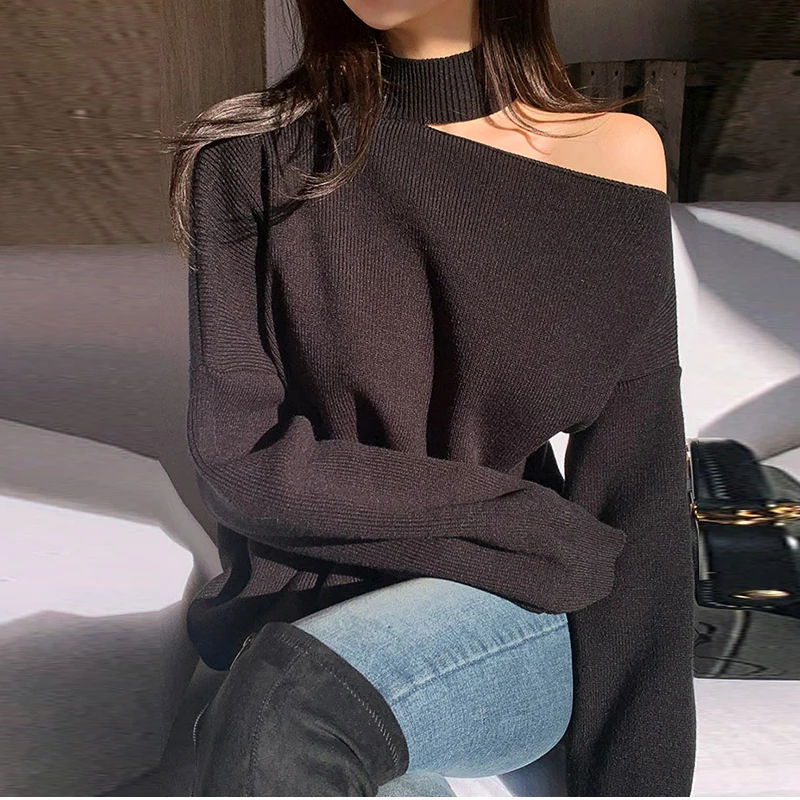 

Winter and Autumn Leisure Elegant Hollow Turtleneck Sweater Loose Irregular Top Open Back Nude Shoulder Knit Pullover Black