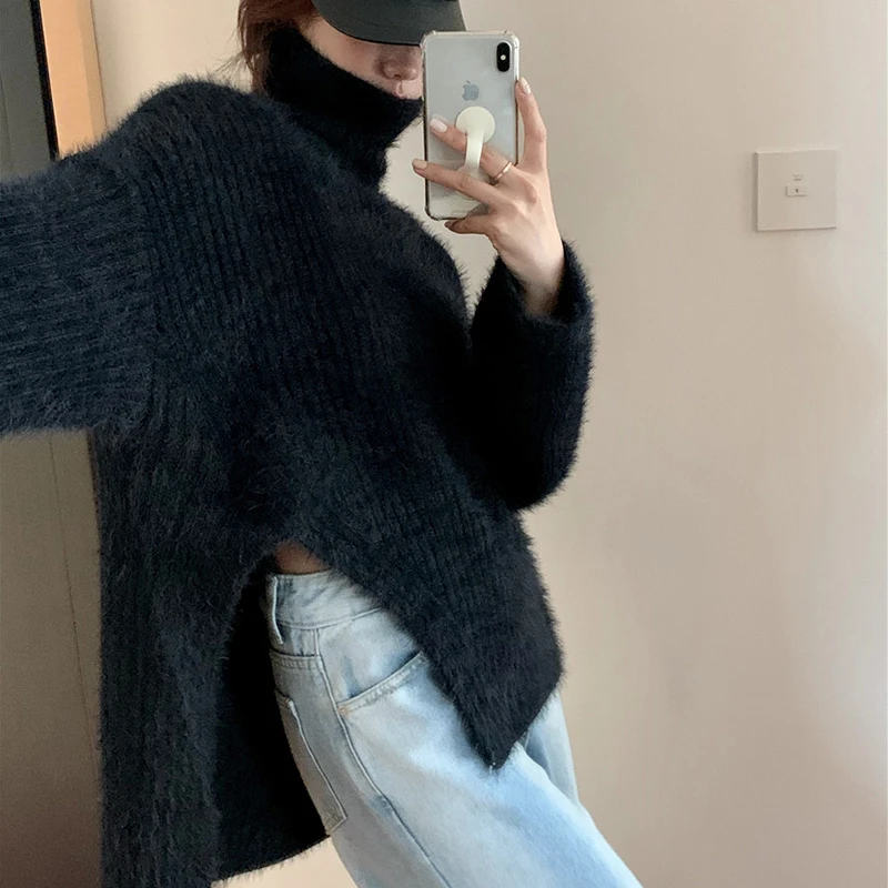 

Autumn Winter Womens Two Piece Set Outfits Long Sleeve Tops Tshirt Woman Split Turtleneck Sweater 2020 Lady Orange Knitted Skirt