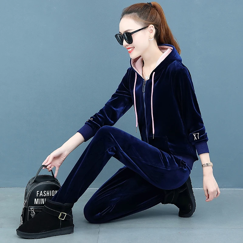 Royal Blue Бархатный спортивный костюм для женщин зимний женский плюс размер вышивка Толстовка куртка+ брюки костюмы женский большой размер 2 шт наборы - Цвет: Royal Blue