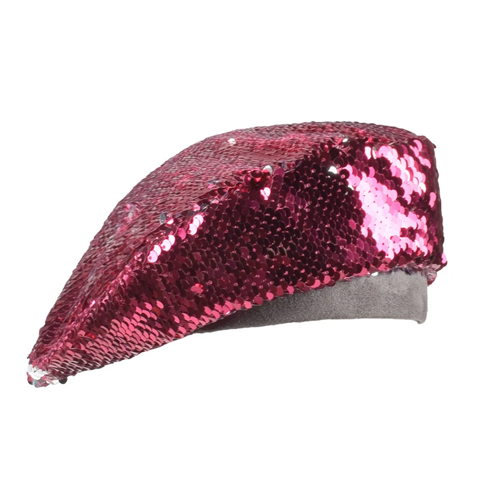 rose red berets SHOWERSMILE женские шапки-береты с блестками, серебряная британская французская шляпа берет, элегантные вечерние женские осенние шапки на плоской подошве, женские шапки - Цвет: rose red berets