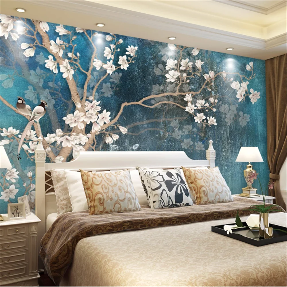 

milofi vintage hand painted magnolia background wall nordic vintage blue elegant oil painting