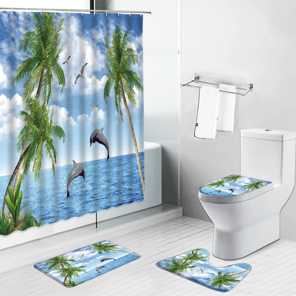 

Ocean Design Dolphin Palm Ttree Scenery Bathroom 3D Shower Curtain Set Sea Beach Non Slip Toilet Cover Rugs Mat Home Decoration