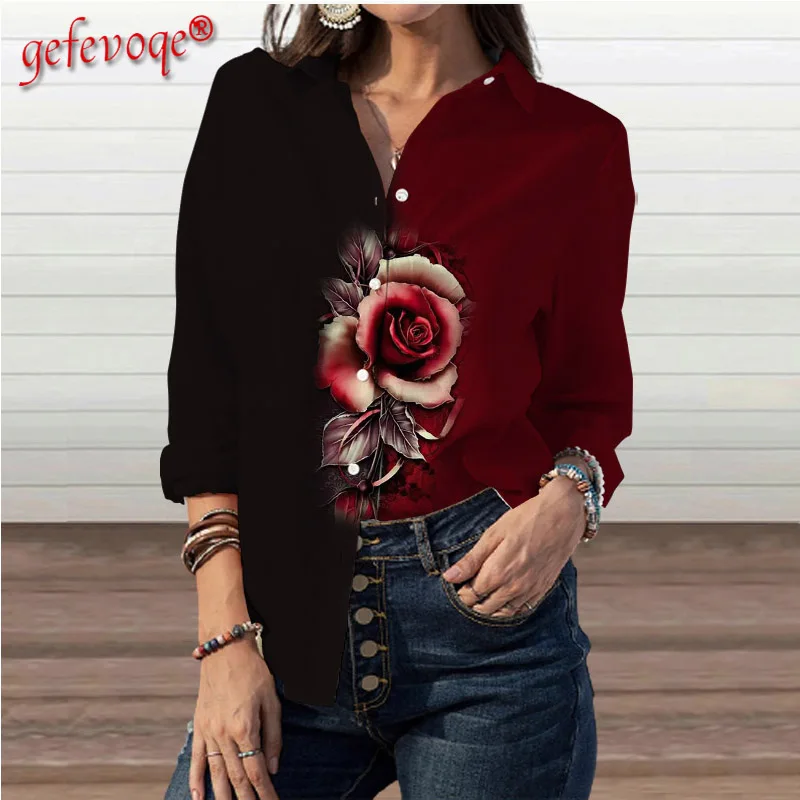 

Autumn Women Winter Slim V-neck Fashion Button Shirt Top Lady Street Casual Vintage Rose Printing Plus Size Long Sleeve Clothes