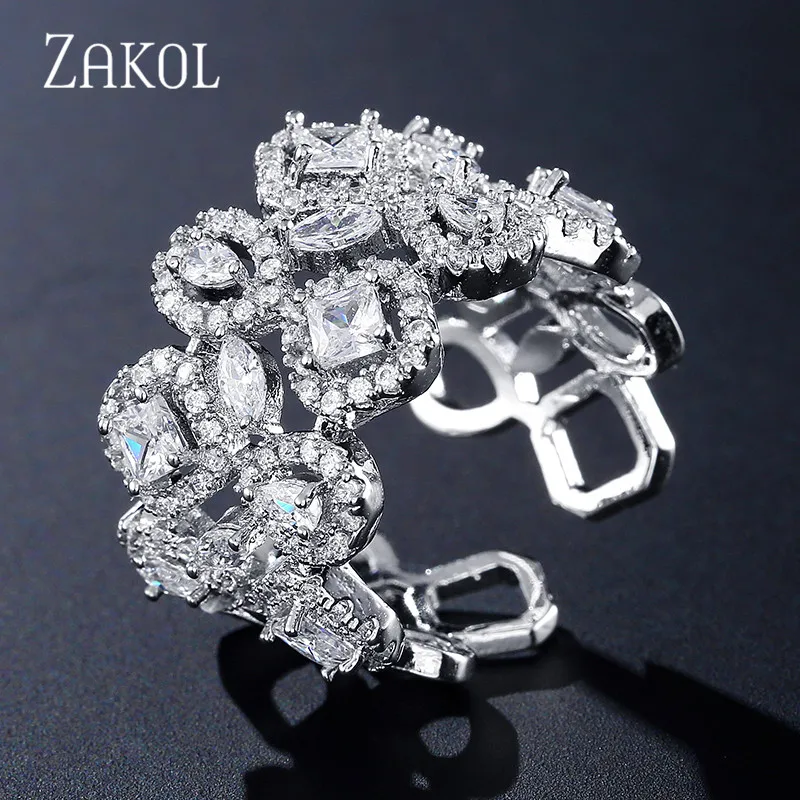 White Color Новинка, роскошные свадебные Открытые Кольца ZAKOL белого золотистого цвета глиттер с кубическим цирконием для элегантных женщин, вечерние ювелирные изделия для помолвки FSRP2111 - Цвет основного камня: White Color