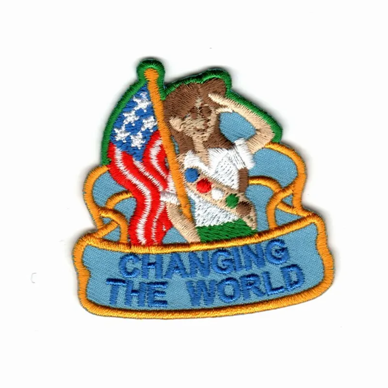

Custom embroidery patches changing the world small cute emblem hot cut border 75% embroidery area iron on patch for cloth jacket