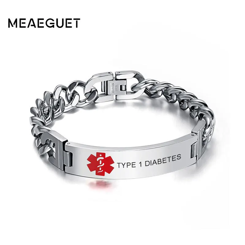 

Men's Personalized Stainless Steel Chain Medical Bracelet Engraved DIABETES BLOOD THINNER Emergency Rescue Male Bangle Jewelry