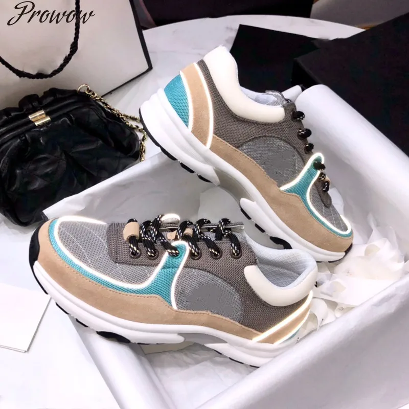 

Prowow Mixed Color Wedge Heels Sneakers Luxury Breathable Sport Shoes Round Toe Dad Shoes Flat Casual Sport Shoes