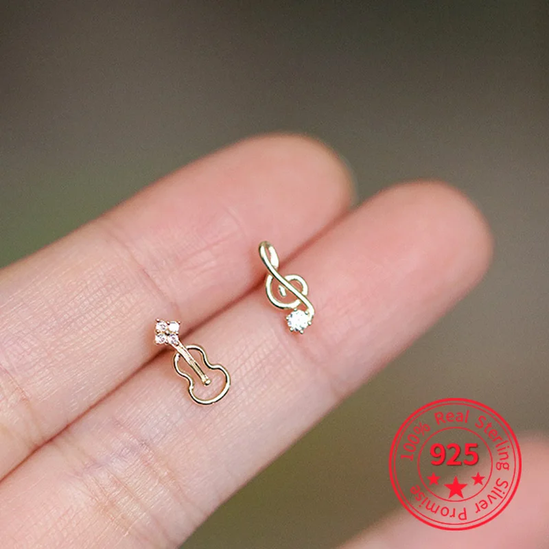 

14K Gold Asymmetrical Stud Earrings Real 925 Sterling Silver Wedding Fashion For Cute Girl Small Guitar Musical Charm Gife Women