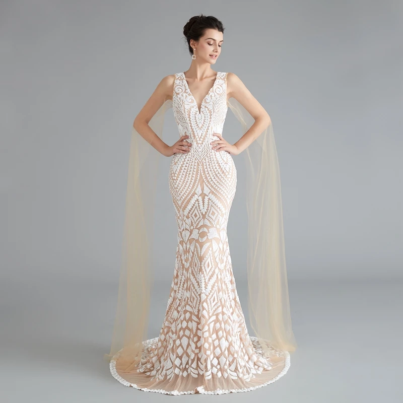 Женское вечернее платье с юбкой годе золотистое длинное прозрачное кружевное