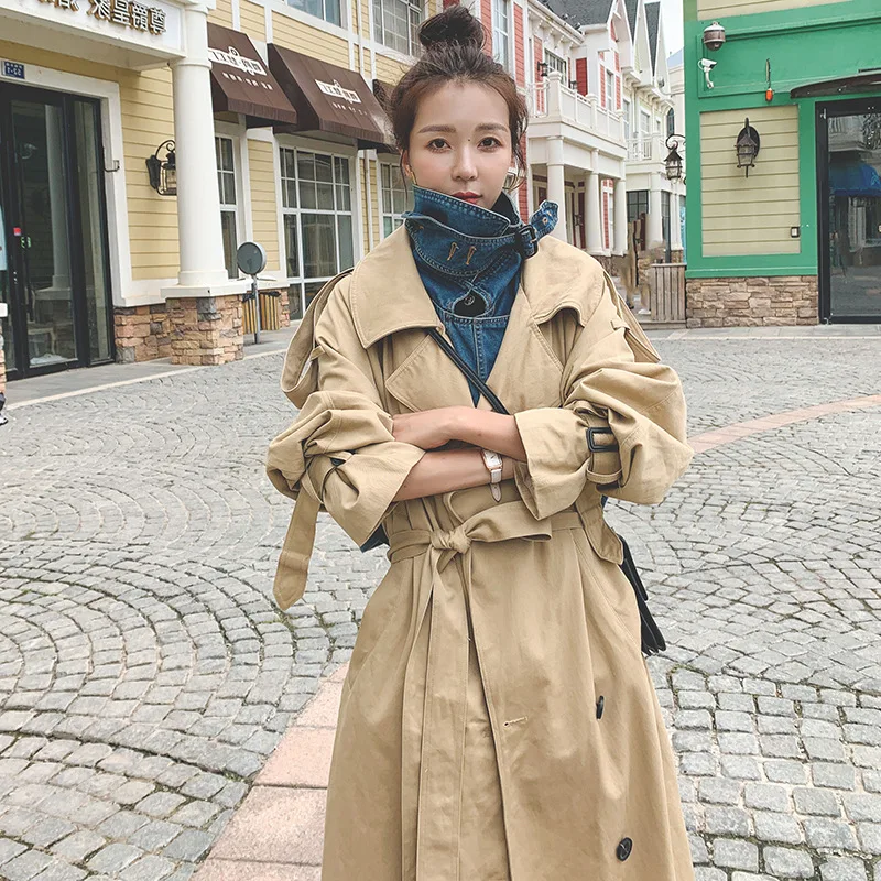 [EWQ] 2020 осенний Новый Тренч женский модный джинсовый пэчворк хаки Пальто Куртка