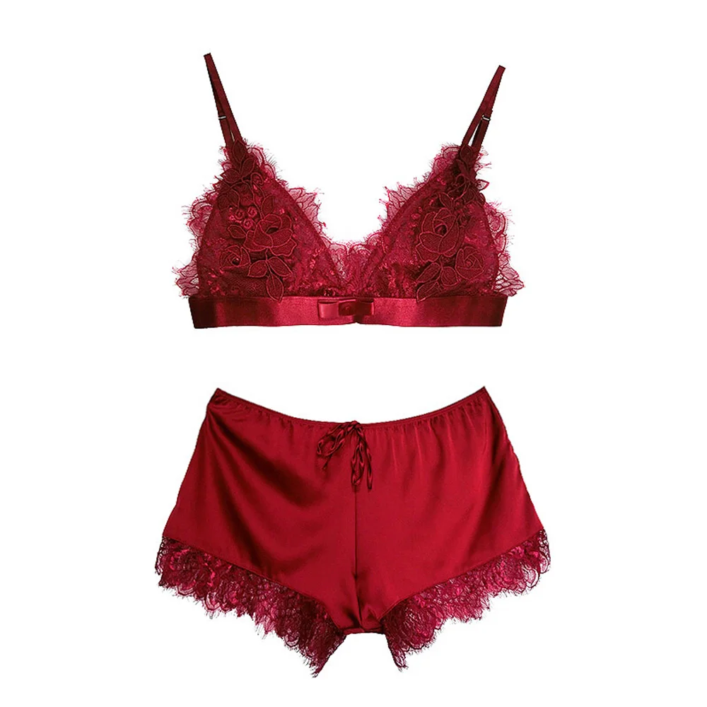 

Sexy Bralette Wire Free Satin Bra Set thin Triangle cups Solid Color Bra and Panty Set Lingerie Underwear Women Brassiere