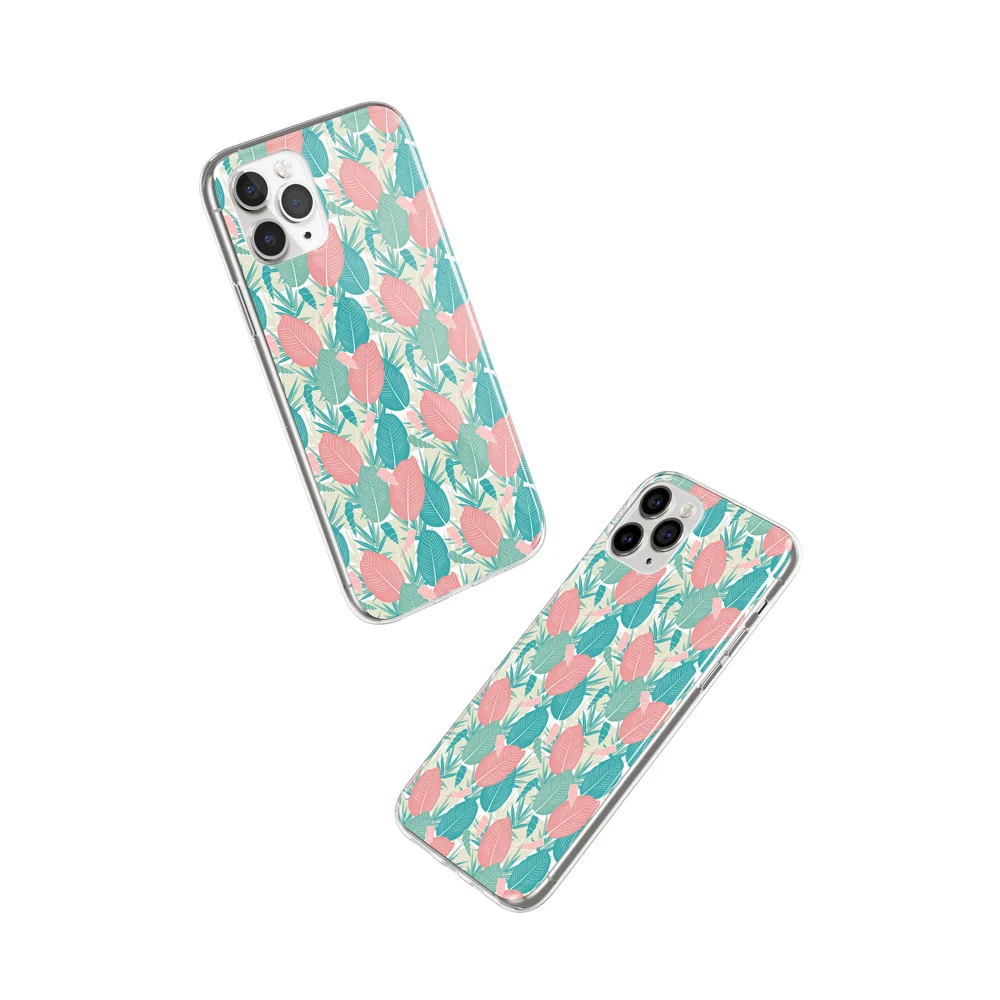 

Pink and Green Leaves Pattern Cell Phone Cover Case for IPhone 11 X XR XS Pro Max Transparent TPU Mobile Protection Back Cover