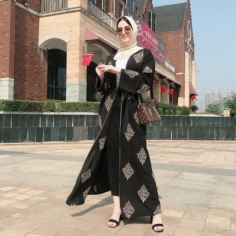 Халат Дубай открытая черная абайя кимоно мусульманский хиджаб платье кафтан