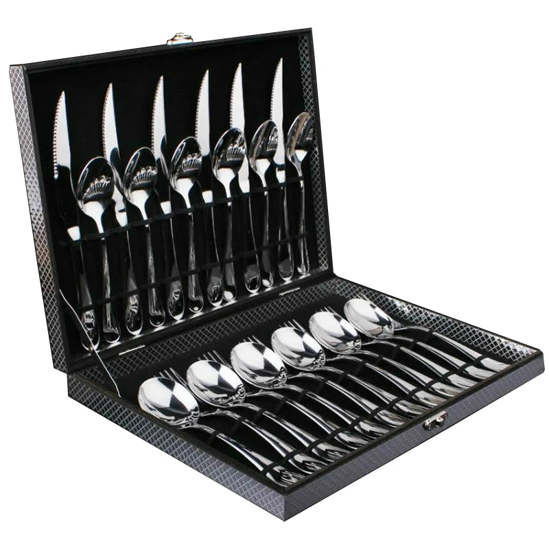 

Luxurious Ecofriendly Thicken Dinnerware Set Stainless Steel Knife Spoon and Fork Set Flatware Cutlery Set 24 Piece Gift Box