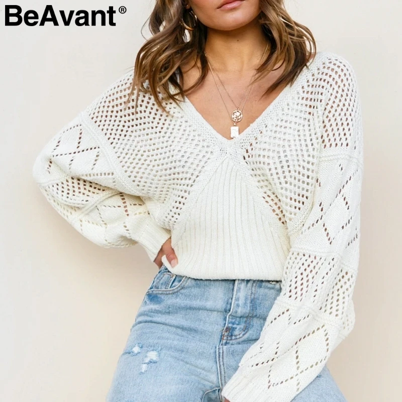 Женский вязаный ажурный свитер BeAvant повседневный Свободный пуловер с рукавом