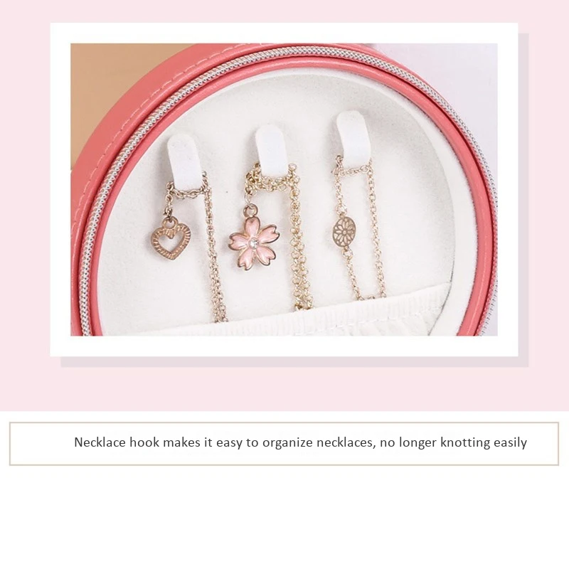 

Round Portable Jewelry Box PU Leather Sweet Small Fresh Zipper Earrings Necklace Ring Storage Box