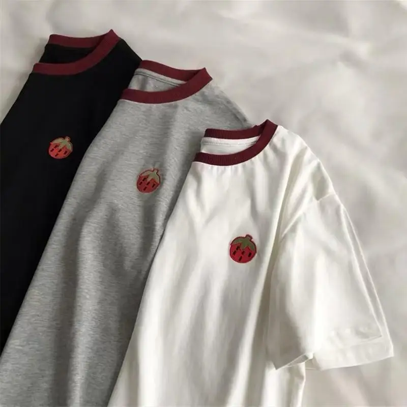 

100% Cotton Short-sleeved T-shirt Women 2021 New Stitching Contrast Round Neck Loose Embroidery All-match Shirt Summer