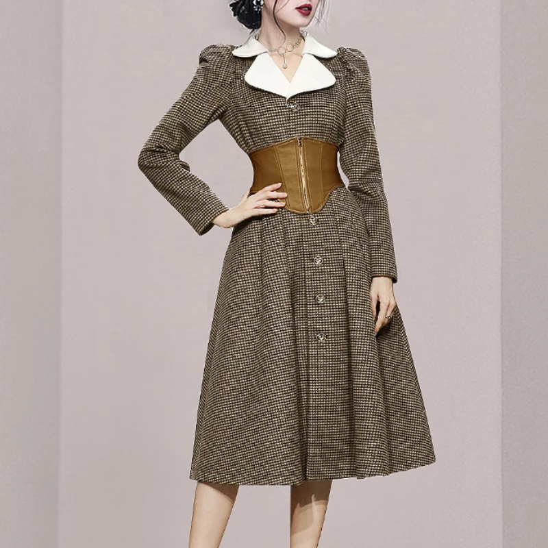 

Women Single Breasted Tweed Dress 2021 Autumn Winter New Suit Collar Slim Closure Waist Design Houndstooth Woolen Coat Dress