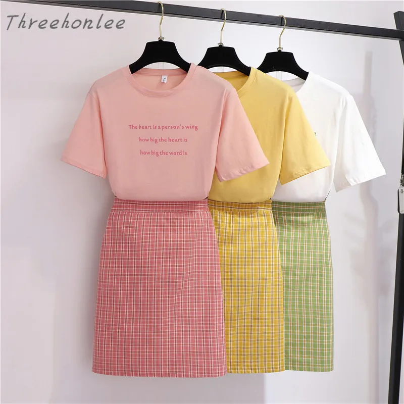 

Simple Striped Shirt And Lattice Skirt Two-piece Set Women 2021 New Summer Top And High Waist Skirt Ladies Streetwear