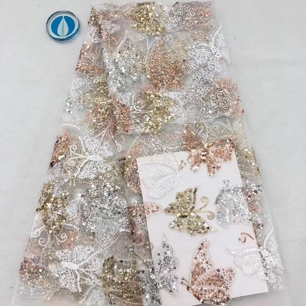 

Nice Butterfly Design Tulle Mesh Lace Fabric French Net Lace Material With Sequins PAN337(5yards/lot)