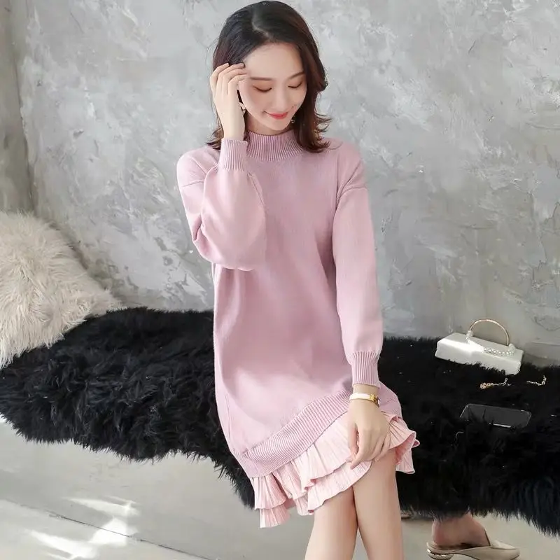 Плиссированное шифоновое женское трикотажное платье свитер с подолом Модный