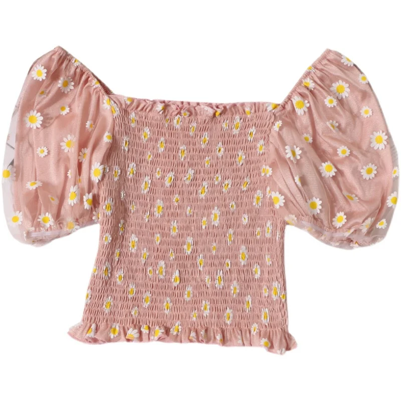

Floral Puff Sleeve Top Square Neck Mesh Top Crop Tops Ruffle Blouse Women 2021 Korean Kawaii Clothes Summer Blouses Vintage Blue