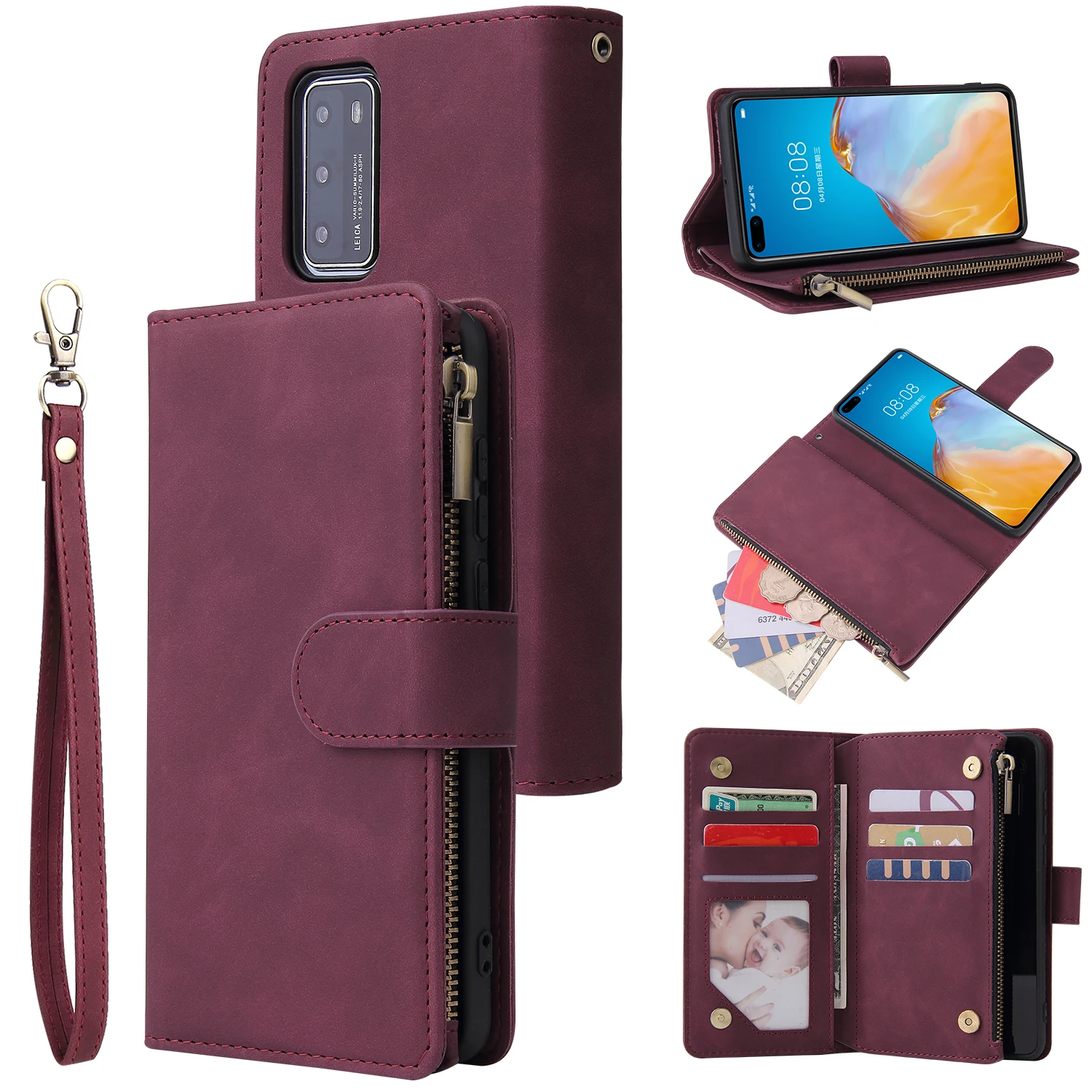 

For Huawei P40 Pro P40Lite E P30 Mate30 Zipper Wallet Case Flip Leather Card Slots Phone Bag For Honor 10i 20i 10 20 Lite 20Pro