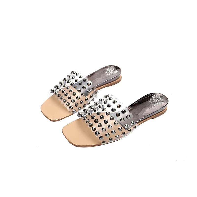 

Casual Ladies Slides Women Rivet Slippers Flat Open Toe Outside Metal Decoration Soft luxury Beach Shoes Summer Female Footwear