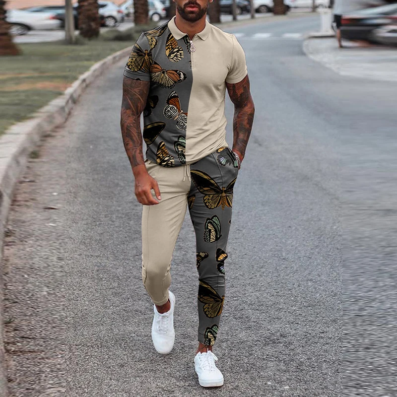 

Summer Men Casual Pants Sets Short Sleeve Shirt Drawsting Pants Two Piece Set Men Solid Tracksuit Fashion Print Men Casual Suit