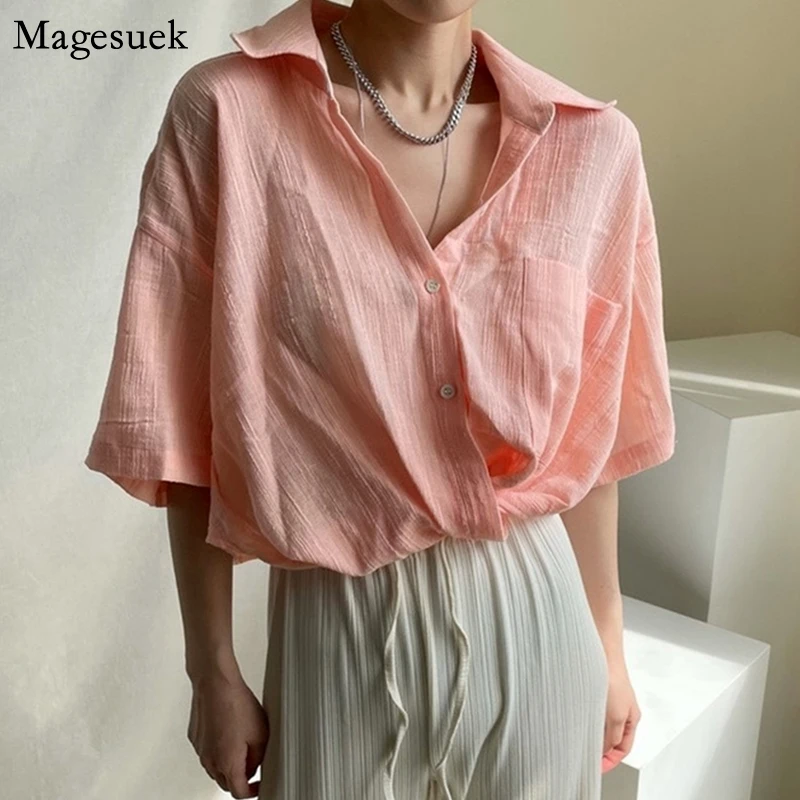 

2021 Summer Short Sleeve Shirt Women Single-Breasted Oversized Solid Blouses Women Casual Fashion Loose Lady Tops Clothes 14722
