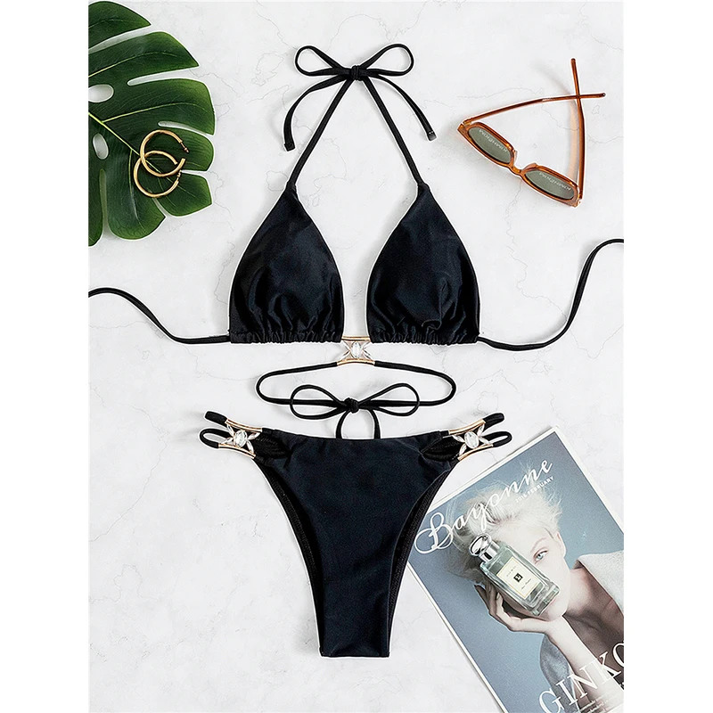 

Женский купальник, комплект из 2 предметов, бикини пуш-ап с лямкой на шее, бандажные купальники, стринги, Треугольные бикини, сексуальный пля...