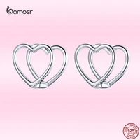bamoer fashion simple double heart earrings 925 sterling silver piercing earrings for women fashion birthday party jewelry gift