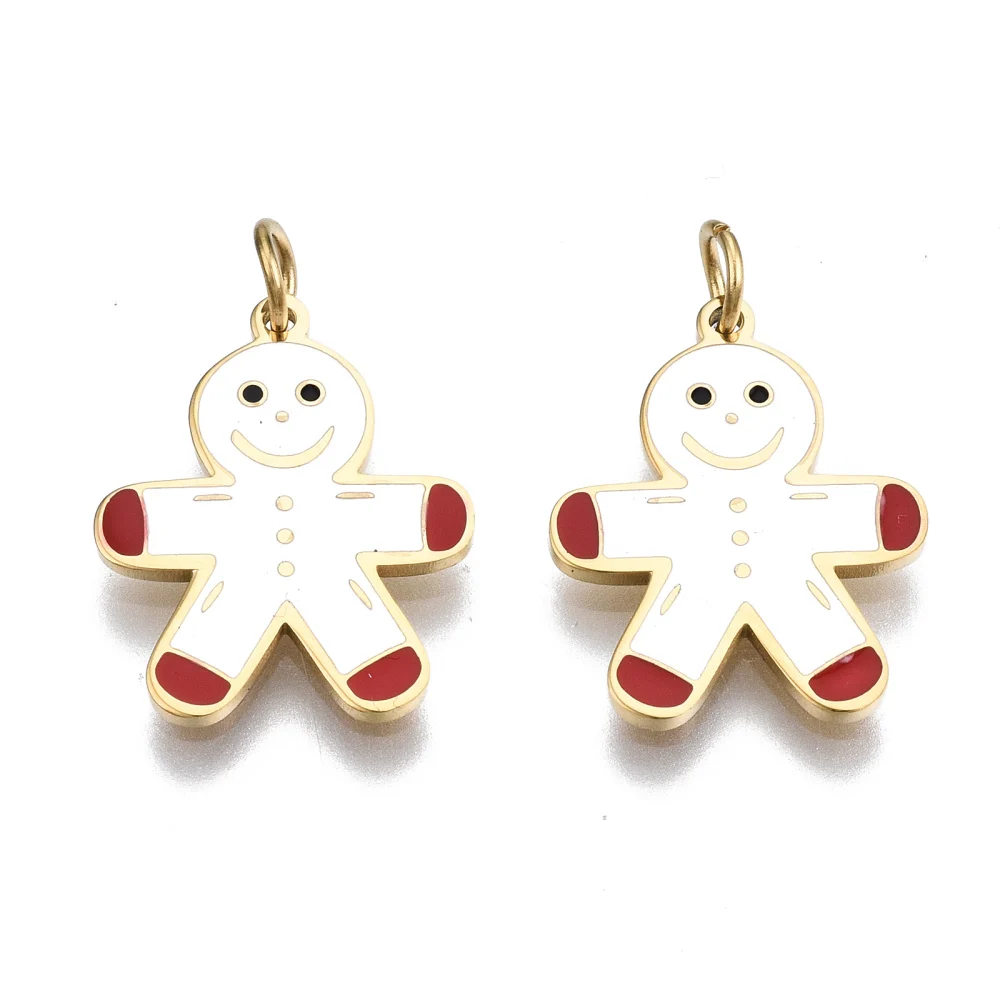 

10PCS 316 Stainles Steel Pendants Gingerbread man White Real 14KGold Plated 15.5x12x1mm JumpRing: 3.8x0.6mm 2.6mm inner diameter