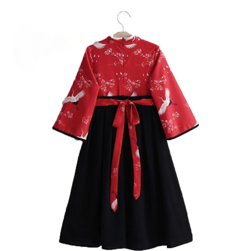 

Little Girl Baby Crane Print Robe Set Japanese Girl Dress Kimono Costume Child Floral Embroidery Tops Skirt Kids Yukata Clothes