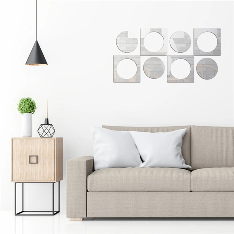 8PCS Removable Silver Square Circle Mirror Wall Stickers for Living Room Background Decor Decals Wallpaper Mural Home | Дом и сад
