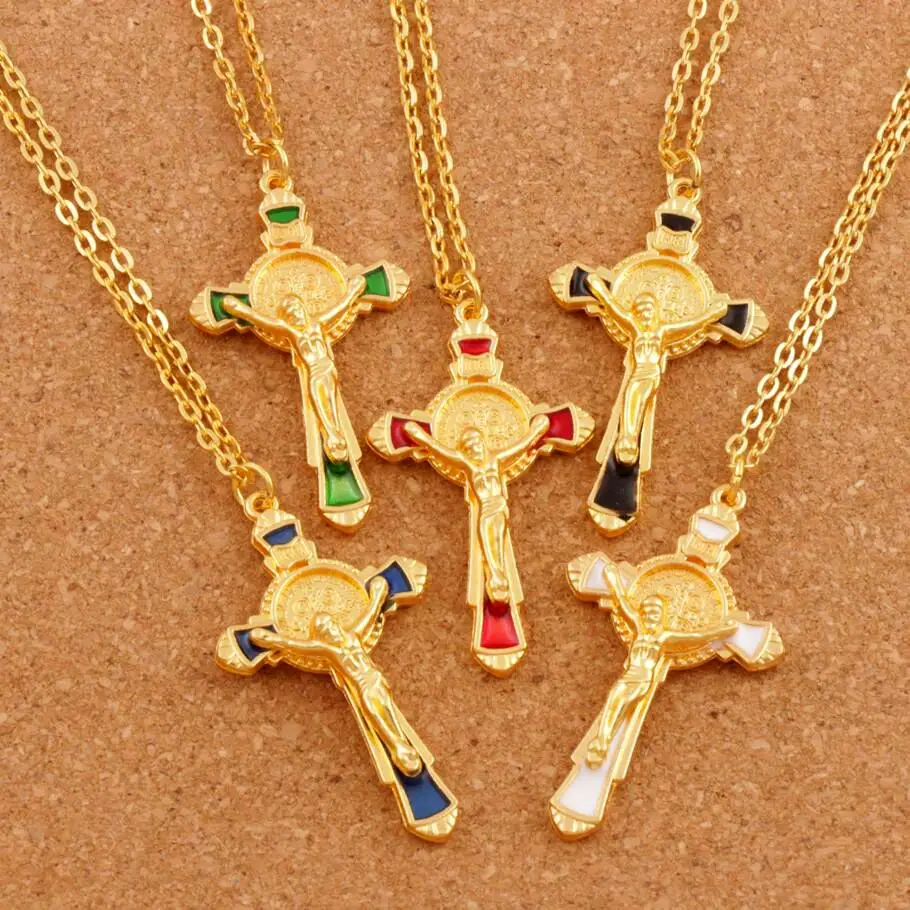 

3Pcs Enamel Cristo Redentor Saint Benedict Medal Cross Crucifix Pendant Necklaces 24 inches Chains N1670-G