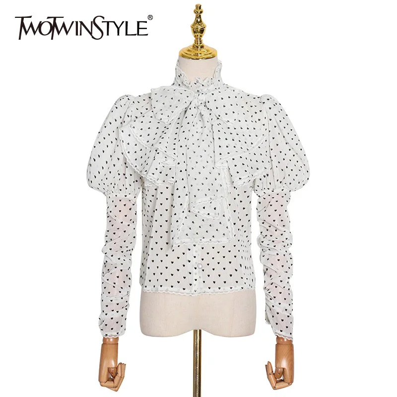 

TWOTWINSTYLE Polka Dot Lace Up Bowknot Shirt For Women Stand Collar Puff Long Sleeve Elegant Blouse Female Fashion New Stylish