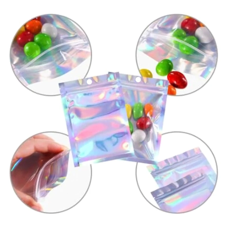

100pcs Translucent Zip Lock Bags Holographic Storage Bag Xmas Gift Packaging Cosmetics Pouch