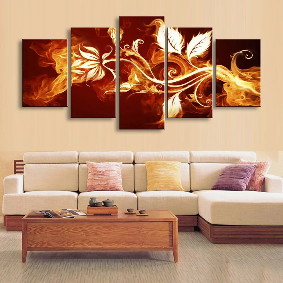

Modern Wall Art Home Decoration Printed 5 Panel Fire Flowers Picture Framework Living Room HD Painting On Canvas Modular Posters