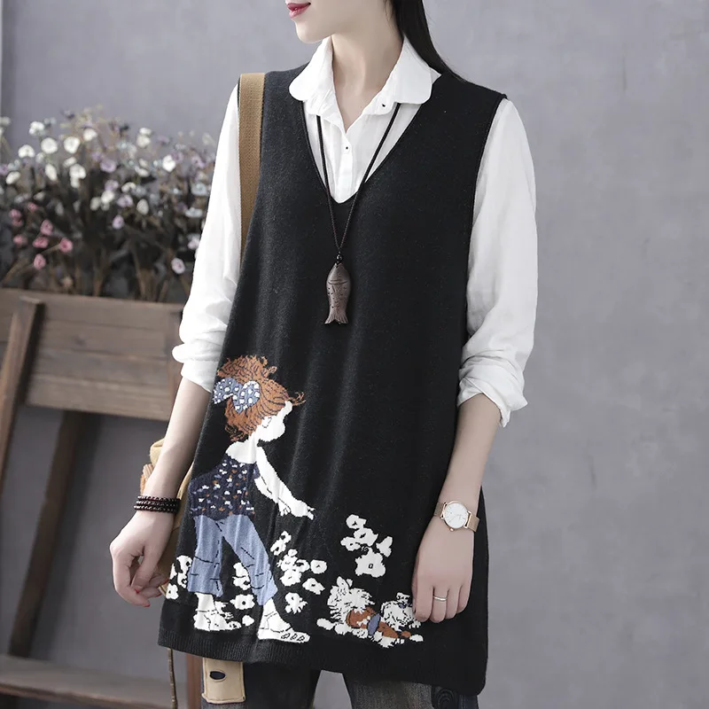 Свитер-жилет средней длины вязаные топы без рукавов универсальные пуловеры с