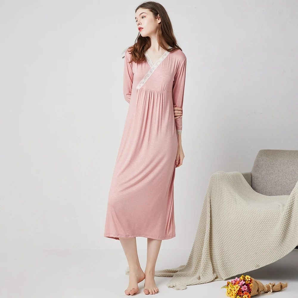 

Осенняя Женская пижама, кружевные ночные рубашки, свободная одежда для сна, Однотонная ночная рубашка с рукавом 3/4, ночная рубашка, LMPN1